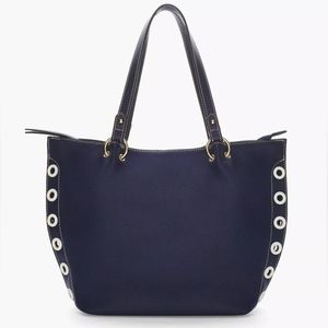 Chico's Tote Bag Nautical Grommet Shoulder Purse Navy & White Gold Tone Hardware